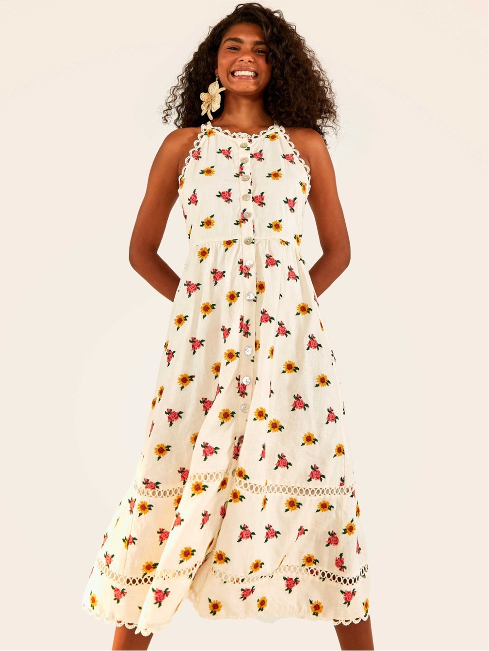 Farm Rio Mixed Cross Stitch Flowers Midi Dress